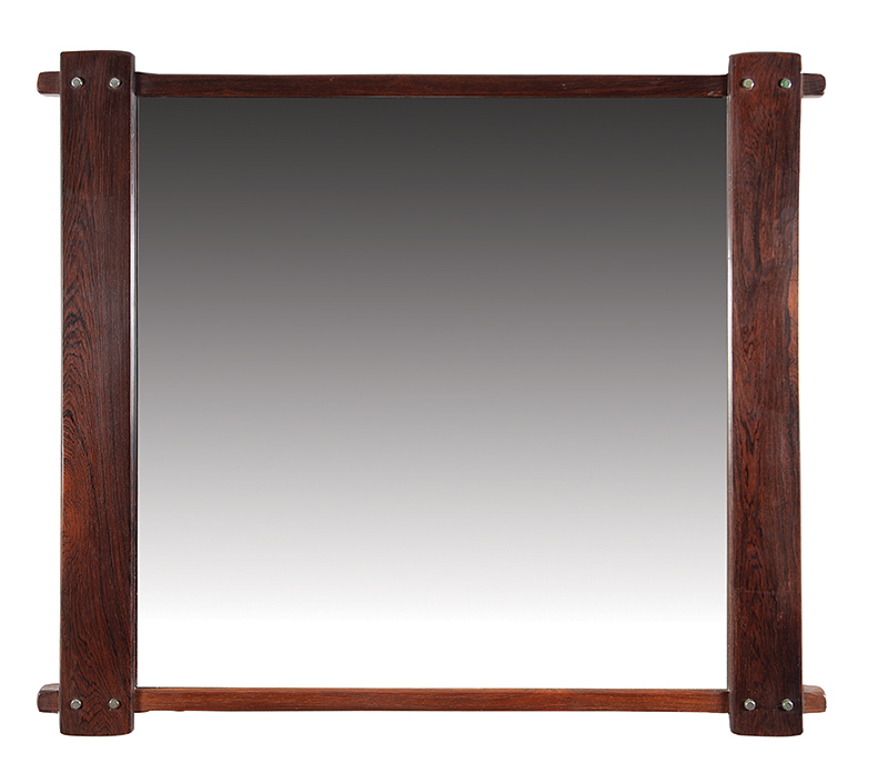 SERGIO RODRIGUES - `Azen` - Espelho com estrutura em quatro peças em jacarandá e metal. - 91 x 105 cm