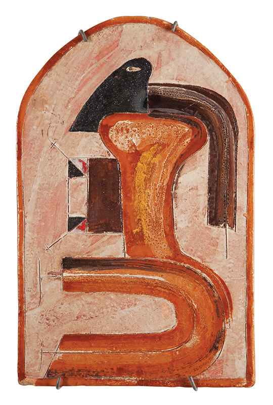 MIGUEL DOS SANTOS - `Sem título` - Escultura de parede em barro pintada - Ass. no centro inf., ass.dat.1974 no verso. - 38 x 24 cm.