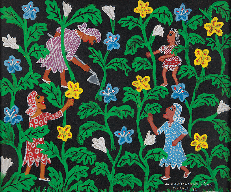 MARIA AUXILIADORA - `Colheita de flores` - Óleo e guache sobre cartão. Ass.dat.1973 inf. dir. - 23 x 28 cm