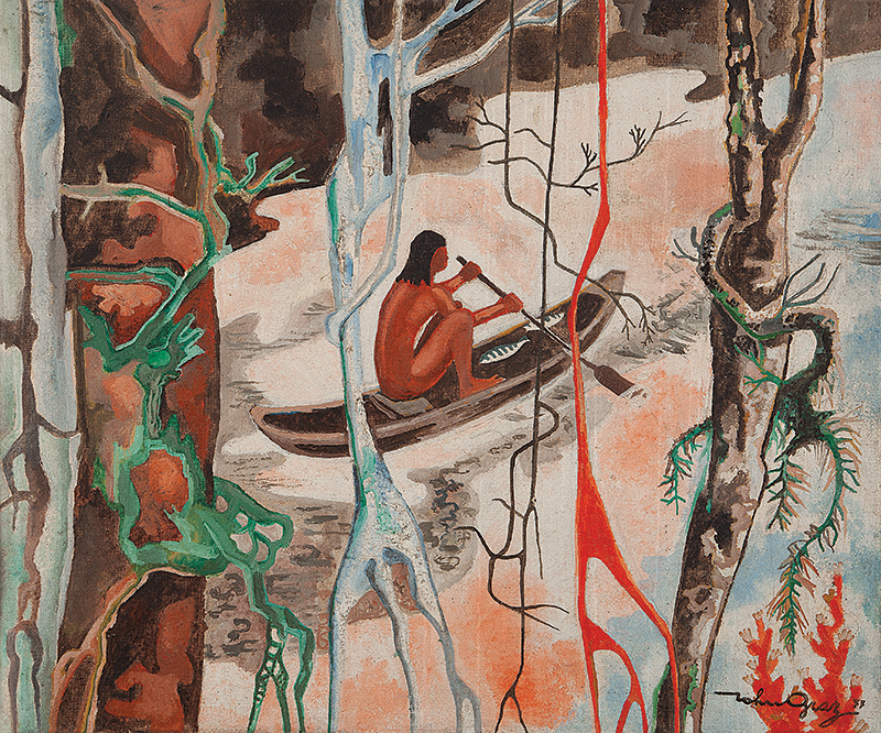 JOHN GRAZ - `Índio pescando - Óleo sobre tela - Ass.dat.1973 inf.dir. - 50 x 60 cm