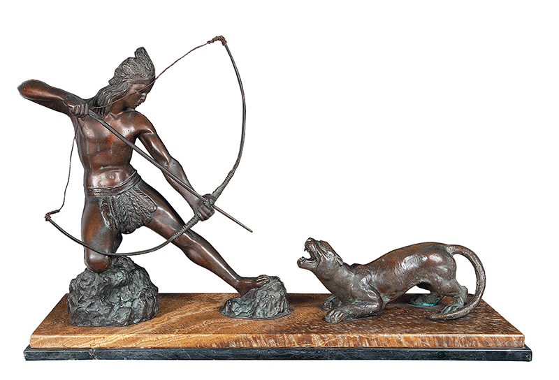 JOÃO BATISTA FERRI - `Índio com arco e flecha e felino` -Escultura em bronze patinado - Sem ass. - 44 x 75 x 25 cm.