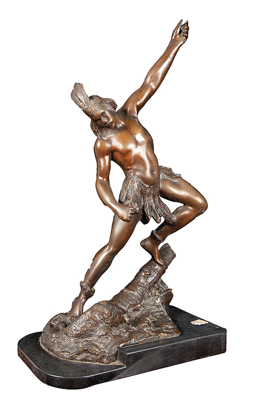 ARTISTA NÃO IDENTIFICADO - Índio com tucunaré` - Escultura em bronze -Sem assinatura. - 43 x 23 x 14 cm