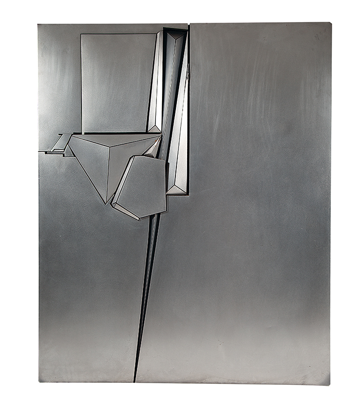 SHIN KUNO - `Trabalho em metal` - Aço inoxidável sobre madeira. - Ass.dat.1974 e num.250 no verso. - 160 x 130 cm - Com etiqueta da Tokio Gallery.