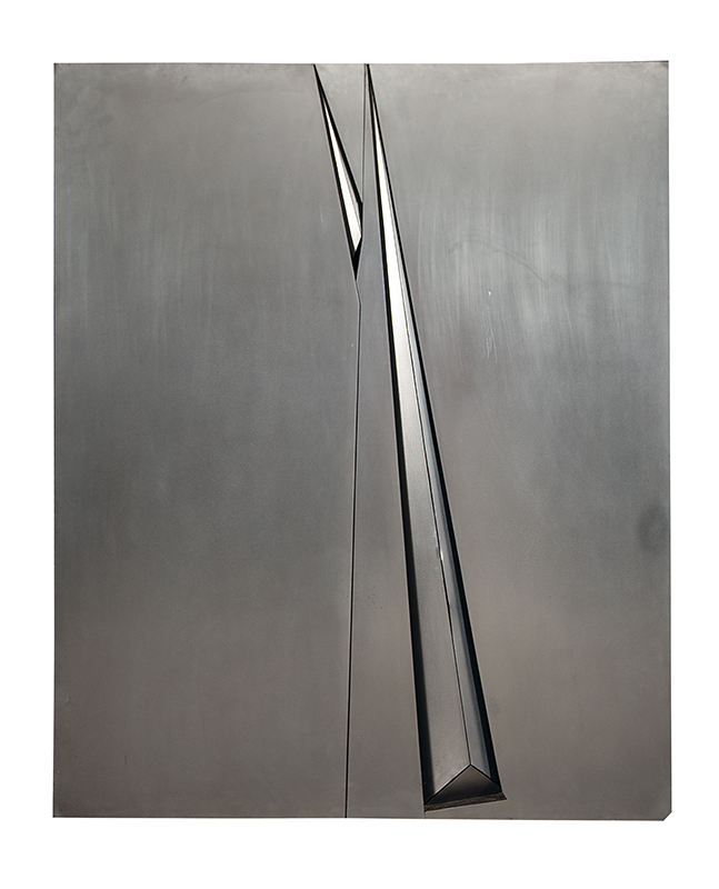 SHIN KUNO - `Trabalho em metal` - Aço inoxidável sobre madeira. - Ass.dat.1975 e num.266 no verso. - 160 x 130 cm - Com vestígio etiqueta da Tokio Gallery.