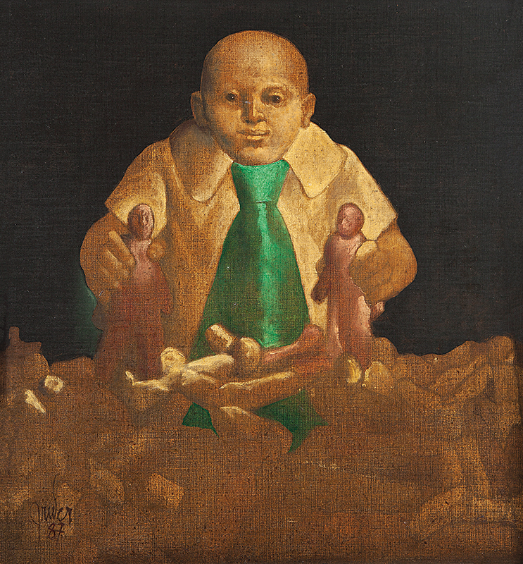 MARIO GRUBER - `Menino com bonecos` - Óleo sobre tela sobre madeira - Ass.dat.1987 inf. esq. - 48 x 45 cm