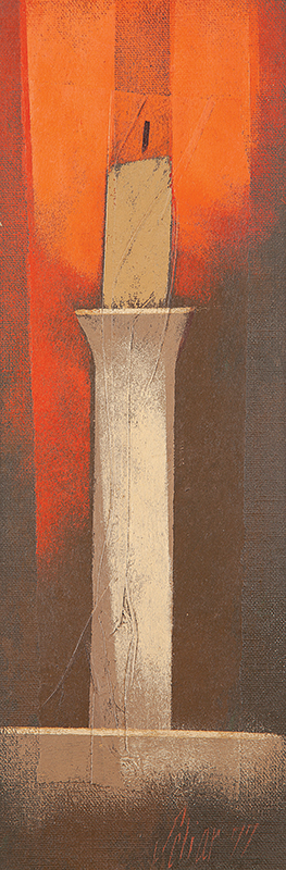 CARLOS SCLIAR - `Castiçal` - Óleo sobre tela sobre madeira -Ass. dat.1977 inf. dir., ass. tit. dat. no verso. - 37 x 15 cm
