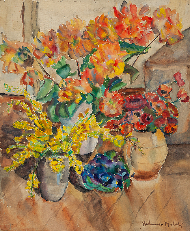 YOLANDA MOHALYI - `Vasos com flores`- Aquarela - Ass. inf. dir. - 59 x 49cm
