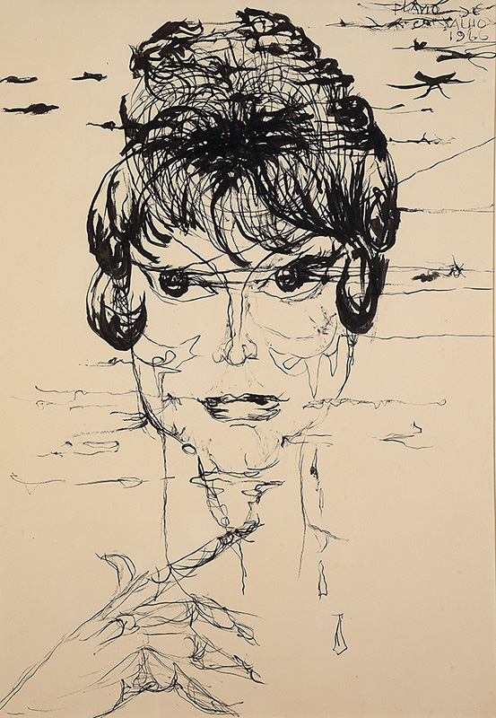 FLÁVIO DE CARVALHO - `Rosto feminino` - Nanquim sobre papel - Ass.dat.1966 sup. dir. - 70 x 50cm