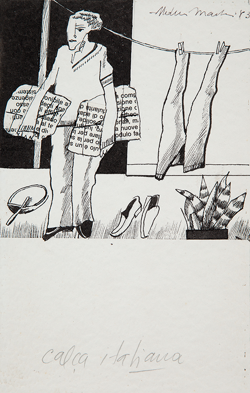 ALDEMIR MARTINS - `Calça de italiana` -Nanquim e colagem sobre papel, tela e madeira - Ass.dat.1983 sup. dir., tit. - 25 x 16cm