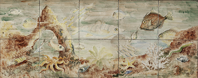 OSIRATE - EX. MARIOI ZANINI - `Peixes` - Pintura sobre azulejo - Ass.dat.1943 inf. dir. - 30 x 75 cm