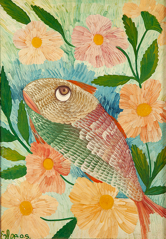 ELZA O.S. - (ELZA DE OLIVEIRA SOUZA) - `Peixes e flores`- Óleo sobre eucatex - Ass. inf. esq. - 50 x 35 cm