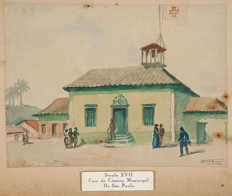 BENEDITO JOSÉ TOBIA - `Antiga Casa da Câmara de São Paulo`- Aquarela sobre papel - Ass. inf. dir - Século XIX. - 20 x 27 cm -