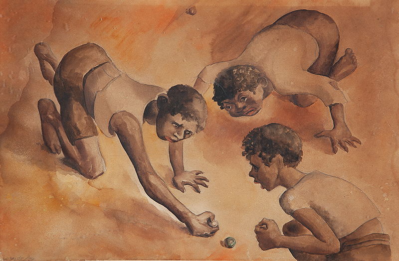 ANTÔNIO GOMIDE - `Crianças jogando bolinha de gude` - Aquarela sobre papel - Ass.dat.1939 inf. esq. - 30 x 46 cm - Ex. coleção Walter Zanini.