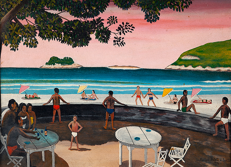 AGOSTINHO BATISTA DE FREITAS - `Praia de Pernambuco` - Óleo sobre tela sobre eucatex - Ass.dat.1976 inf. dir. - 50 x 69 cm - Com etiqueta da Studio José de Aguiar
