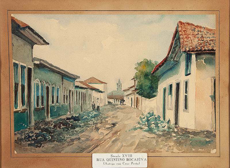 BENEDITO JOSÉ TOBIAS - `Rua Quirino Bocaiuva /Antiga rua cruz Preta` -Aquarela sobre papel - Sem assinatura - 22 x 32,5 cm.