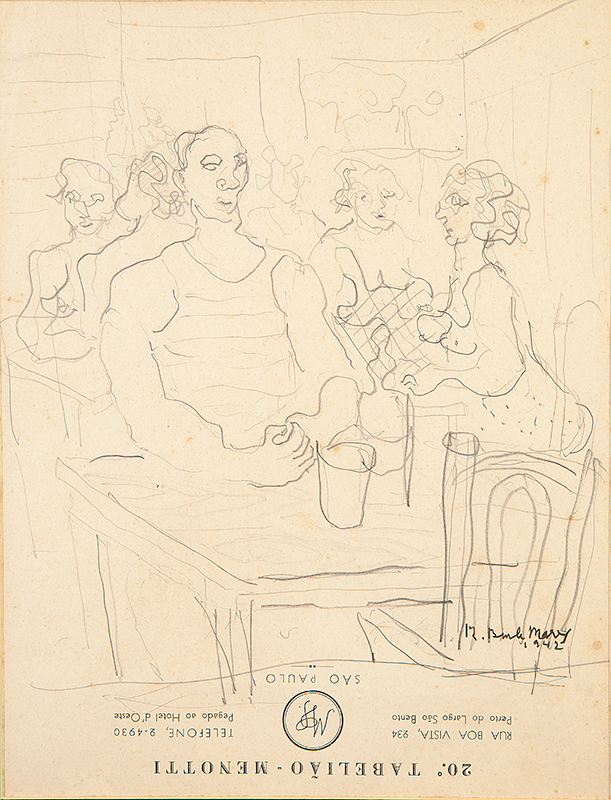 ROBERTO BURLE MARX - `Cena de bar` - Desenho a lápis sobre papel do 20º Tabelião Menotti` - Ass.dat.1942 inf. dir. - 27 x 20 cm.