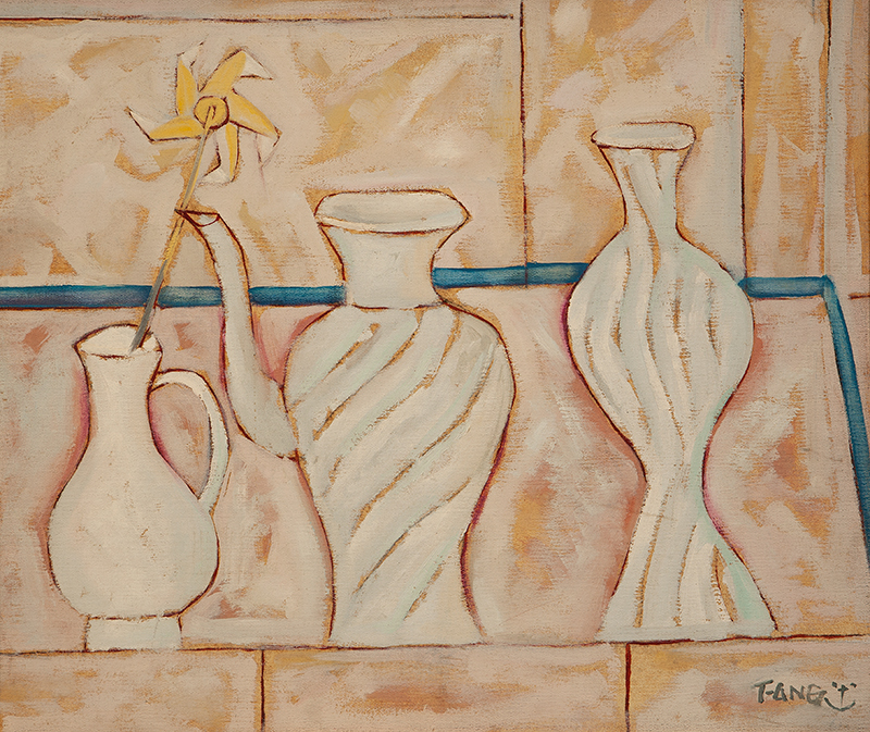 FANG - `Vasos` - Óleo sobre tela - Ass. inf. dir. dat.1987 no verso - 55 x 65 cm. - Com etiqueta da Galeria de Arte André.