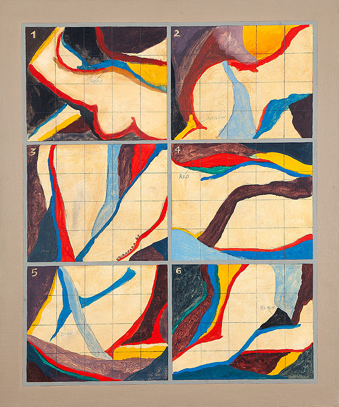 UBIRAJARA RIBEIRO - `Ocre, Yellow, red, blue, black` - Óleo sobre tela - Ass.dat.1967 centro sup. - 55 x 46 cm.