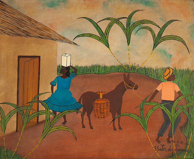 HEITOR DOS PRAZERES - `Mulher com lata d`agua na cabeça e homem com burro`- Óleo sobre tela - Ass.dat.1964 inf. dir. - 50 x 61 cm.