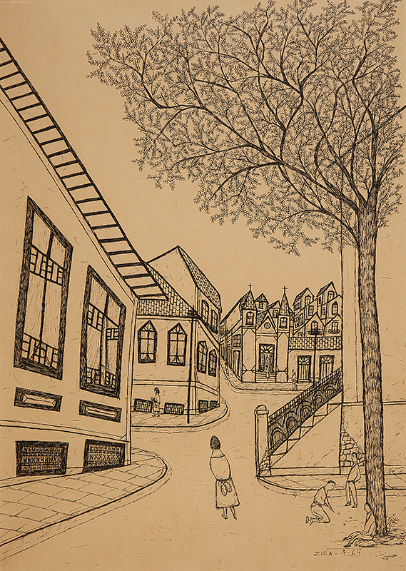 ZICA BERGAMI - `Paisagem com figuras` - Nanquim sobre papel - Ass.dat.1964 inf. dir. - 48 x 34 cm.
