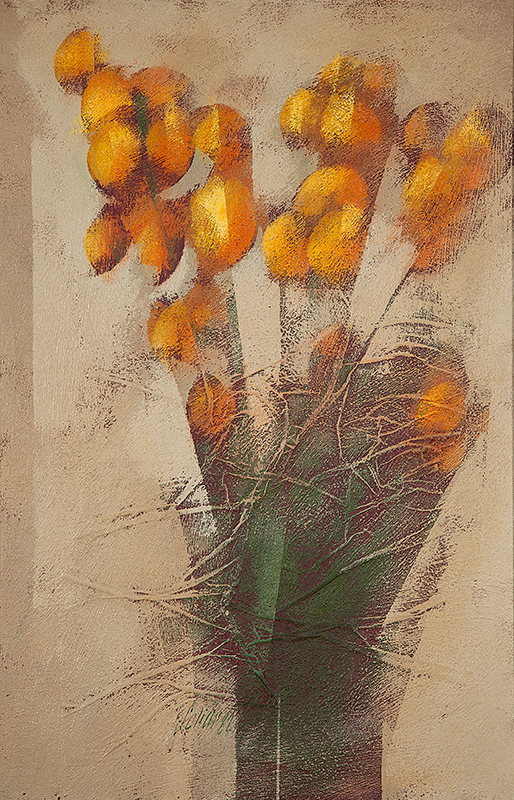 CARLOS SCLIAR - `Flores amarelas` -Vinil e colagem sobre tela -Ass.dat.1982 no centro inf., ass.tit.dat. no verso -56 x 37 cm.