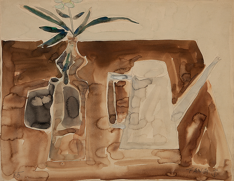 FANG - `Vaso de flor e bule sobre a mesa`- Aquarela sobre papel -Ass. inf. dir., dat.1985 inf. esq. - 36 x 47 cm.