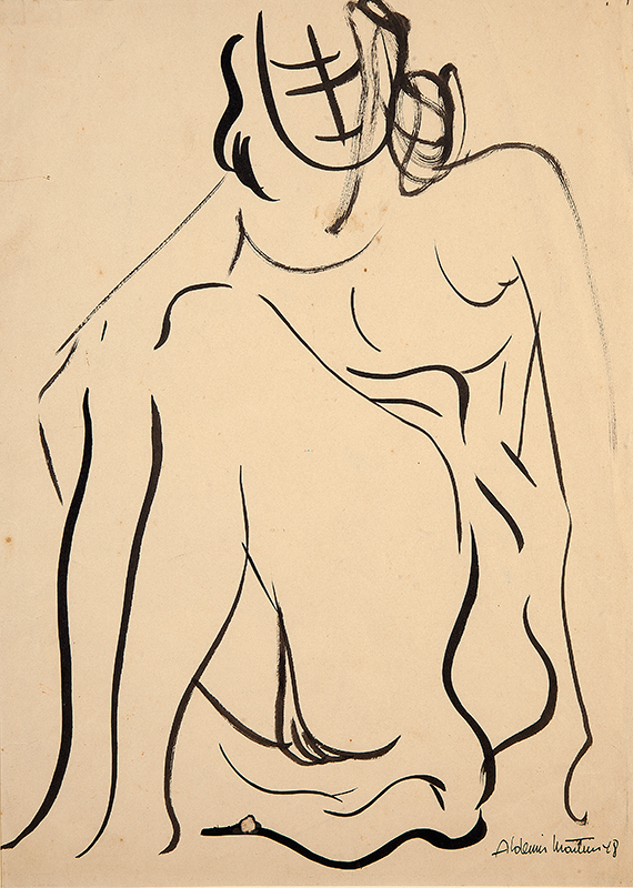 ALDEMIR MARTINS - `Mulher sentada` - Nanquim sobre papel - Ass.dat.1948 inf. dir.- 32 x 23 cm.
