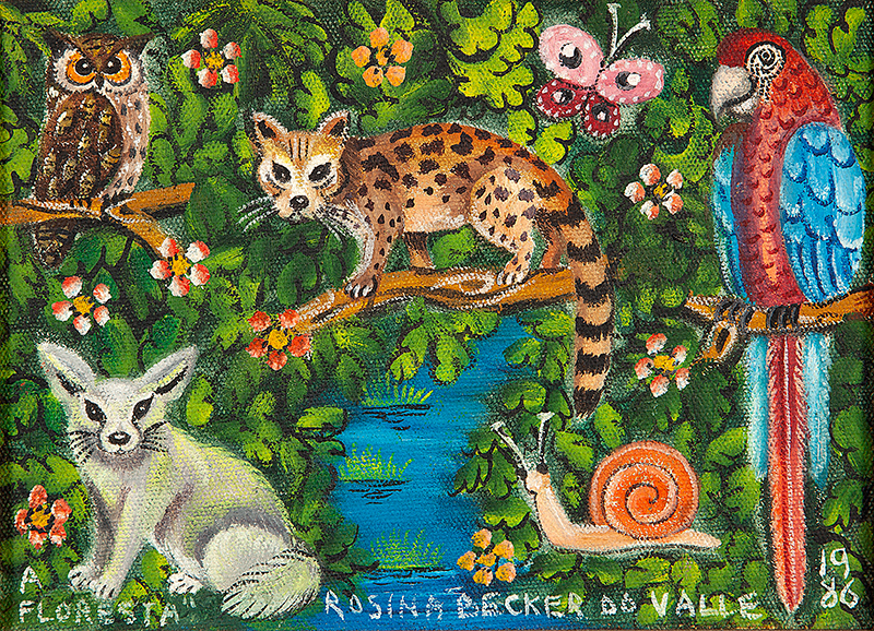 ROSINA BECKER DO VALLE - `A floresta` - Óleo sobre tela - Ass.tit.dat.1986 inf. dir., ass.tit.dat. no verso - 16 x 22 cm.