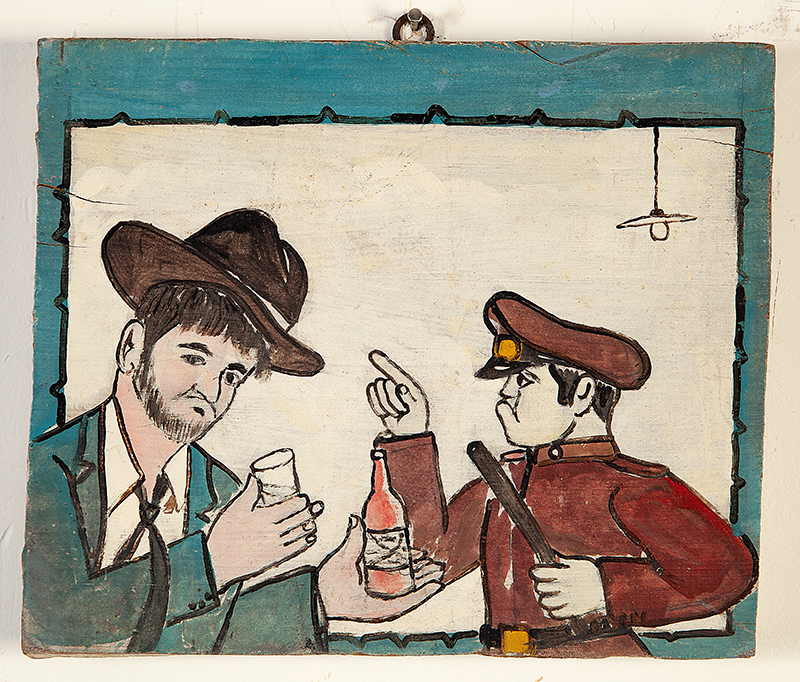 BAJADO - `O bêbado e o soldado` - Óleo sobre madeira -Ass. tit.dat. 1973 no verso - 20 x 25 cm.