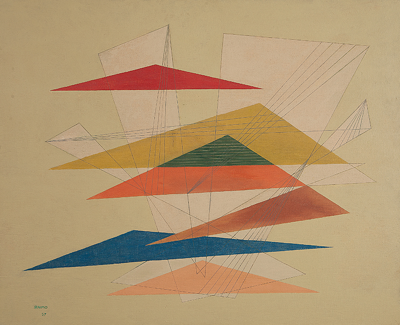 RAIMO - `Composição com triângulos` - Óleo sobre tela - Ass.dat.1957 inf.esq. 69 x 85 cm - Apresenta restauro pequeno antigo.