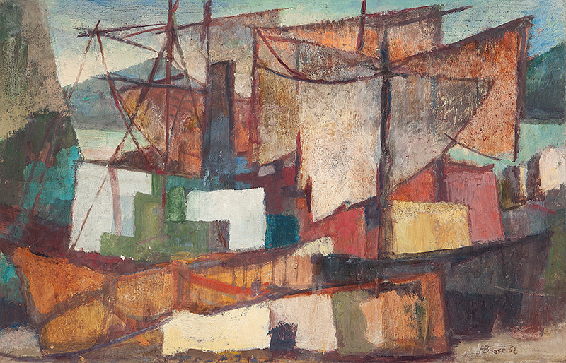HENRIQUE BOESE - `Barcos` - Óleo sobre tela colada em madeira - Ass.dat.1962 inf. dir. 58,5 x 89 cm