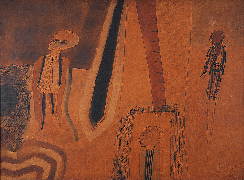 CARLOS VERGARA - `Sem título` - Nanquim e aquarela sobre papel. Ass.dat.1961 inf. dir. 55 x 75 cm.Com etiqueta do atelier do artista no verso.