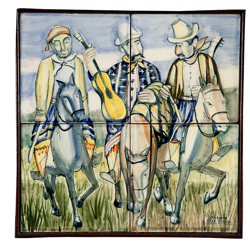 OSIRARTE EX.MARIO ZANINI - `Três gaúchos` - Pintura sobre azulejo - Ass.inf.dir. 15 x 15 cm - Ex. Coleção Drº Luiz Fernando da Costa e Silva.
