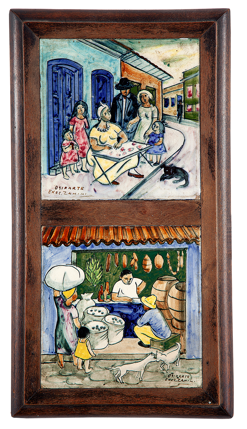 OSIRARTE EX.MARIO ZANINI - `Cenas do interior` - Pintura sobre azulejo - Ass.inf.dir, ass.inf.esq. 15 x 15 cm