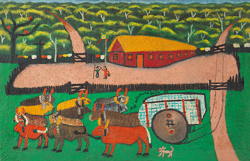 JOSÉ ANTÔNIO DA SILVA - `Carro de boi` - Óleo sobre tela - Ass.dat.1965 ao centro. 65 x 100 cm