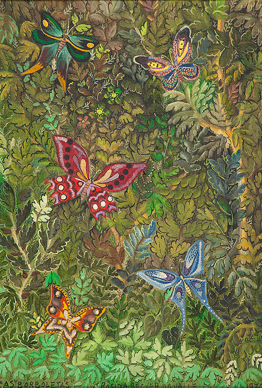 ROSINA BECKER DO VALLE - `As borboletas` - Óleo sobre tela - Ass.tit.dat.1970 centro inf. Ass.tit.dat. no verso. 56 x 39 cm.
