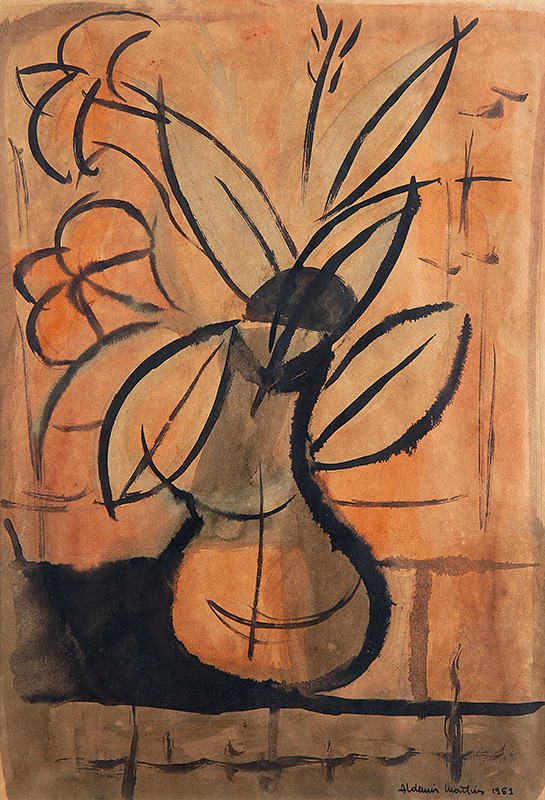 ALDEMIR MARTINS - `Vaso de flores` -Nanquim e aquarela sobre papel. Ass.dat.1961 inf.dir. 44 x 30 cm