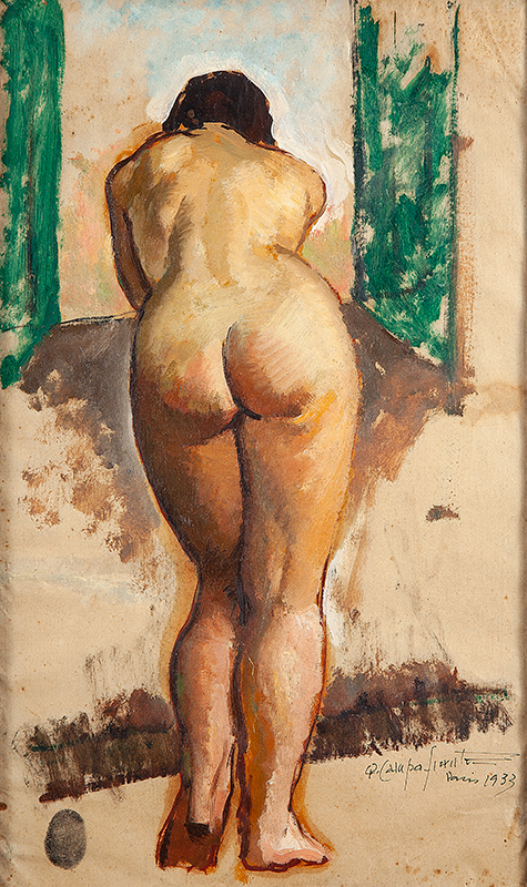 QUIRINO CAMPO FIORINO - `Mulher nua na janela` - Óleo sobre papel - Ass. dat. 1933 e loc. `Paris` inf. dir. 43 x 26 cm