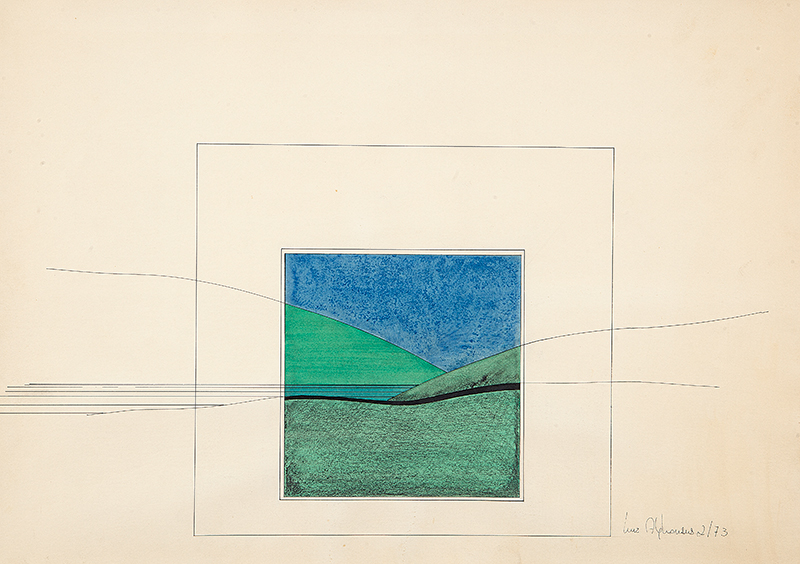 LUIZ ALPHONSUS - `Sem título`- Da série: Corte na paisagem - Nanquim, guache e ecoline impermeabilizado sobre papel - Ass.dat. 2/73 inf. dir. 36 x 50 cm
