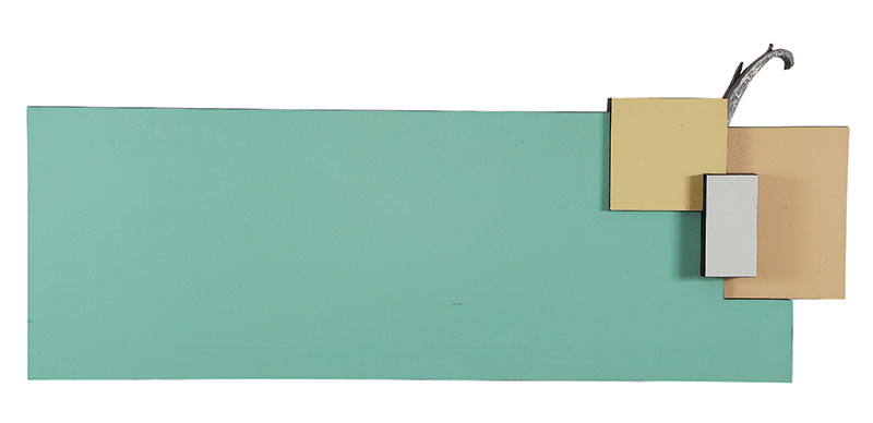 LUIS PAULO BARAVELLI - `Chácaras e quintais nº 4` - Fórmica e metal sobre madeira - Ass.tit.dat.1967/1997 no verso. 53,5 x 126,5 cm - Projetado em 1967 e executado 1997.
