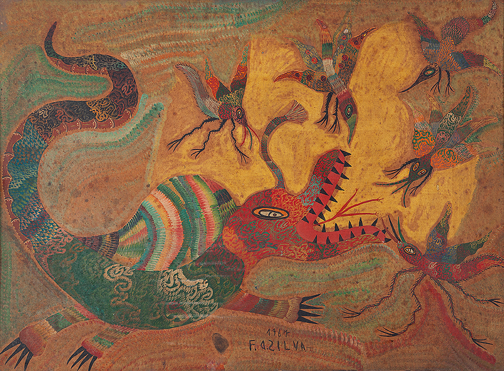 CHICO DA SILVA - “Animais fantásticos”, Guache sobre cartão,Ass.dat.1967 no centro inf. 56 x 77 cm