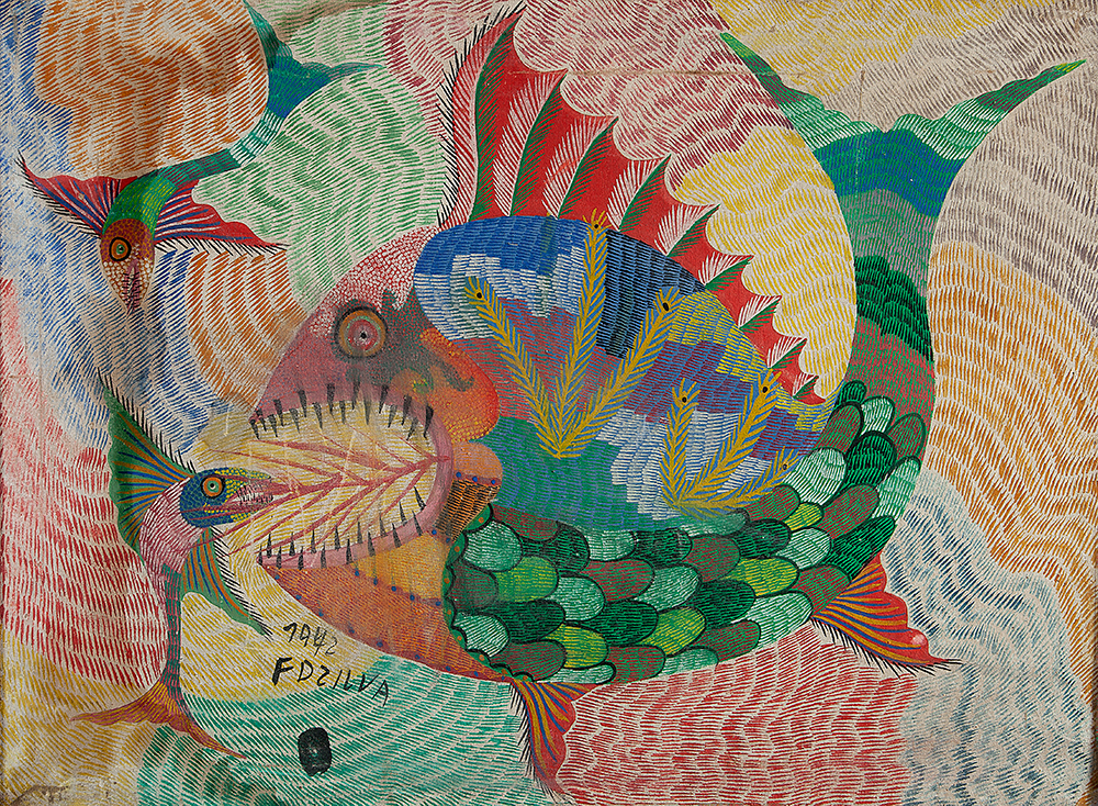 CHICO DA SILVA - “Peixes” - Guache sobre tela, Ass.dat.1972 inf.esq., 51 x 69 cm. - Com etiqueta Banco Cacique nº033686.