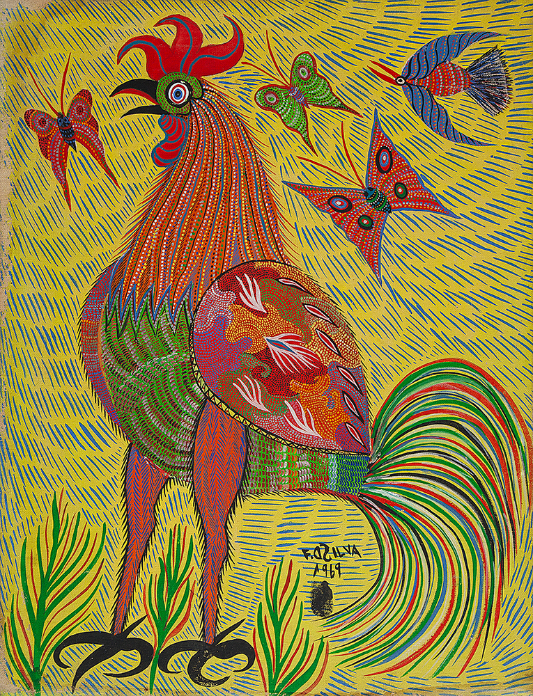 CHICO DA SILVA - “Galo”, Guache sobre tela, Ass.dat.1969 centro.inf., 65 x 50 cm. - Ex.Coleção Mário Schenberg
