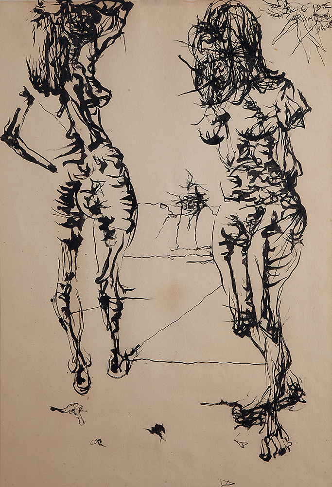 FLÁVIO DE CARVALHO - “Duas mulheres”, Nanquim sobre papel, Ass.dat.1955 sup.dir., 70 x 50 cm. - Ex. Coleção Wilson Sabie Vilela.