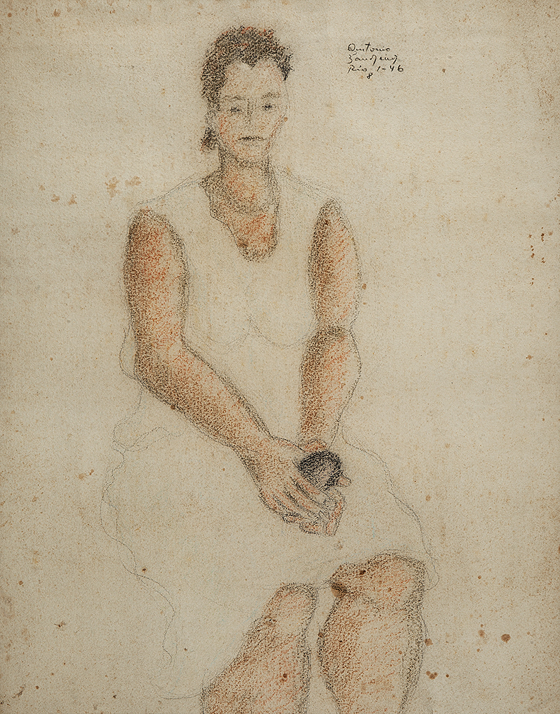 ANTÔNIO BANDEIRA - “Figura feminina sentada”, Crayon sobre papel, Ass.tit.loc. “Rio” e dat. 1946 inf.dir., 64 x 50 cm.