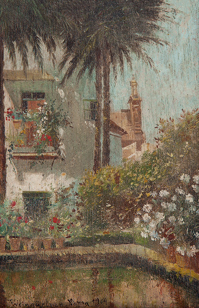 PEDRO WEIGARTNER - “Paisagem”, Óleo sobre madeira, Ass. loc. “Roma”dat.1904 inf. esq., 21,5 x 14 cm.