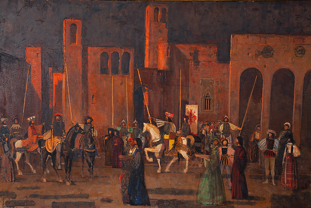 DARIO MECATTI - “Cena medieval”, Óleo sobre tela, Ass.inf.dir., 100 x 150 cm.