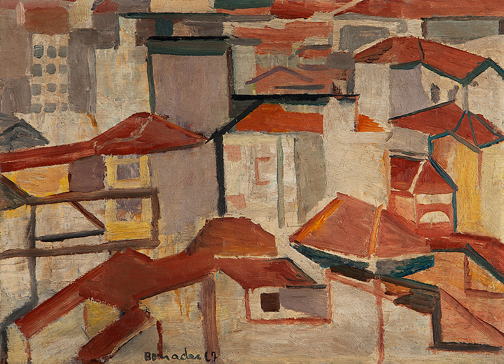 ALDO BONADEI - “Casario”,Óleo sobre madeira, Ass.dat.1967 inf.esq.,26 x 36 cm.