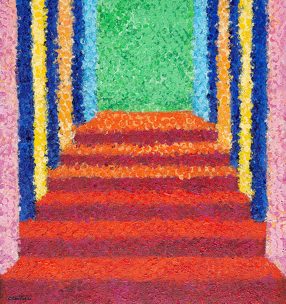 CLÁUDIO TOZZI - “Escada”, Acrílica sobre tela sobre madeira, Ass.inf.esq.,Ass.tit. no verso, 32 x 30 cm.