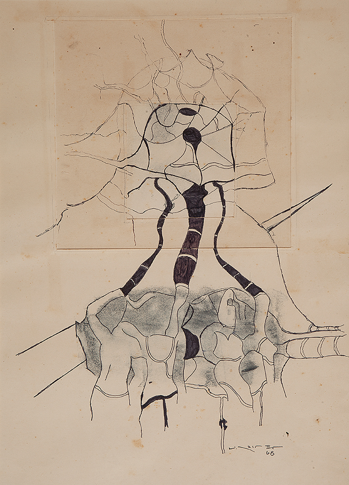NELSON LEIRNER - “Sem titulo”, Nanquim e giz de cera sobre papel, Ass. dat. 1968 inf.dir.,55 x 41,5 cm.